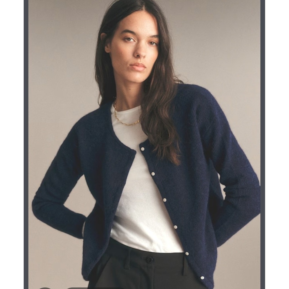 Sezane Womens S Gaspard Cardigan Navy Blue Mohair Alpaca Reversible Sweater